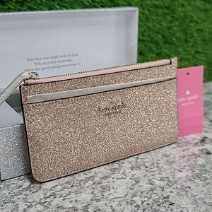 Kate Spade Wallet Tinsel Boxed Large Slim Card Holder in Glitter, Rose Gold